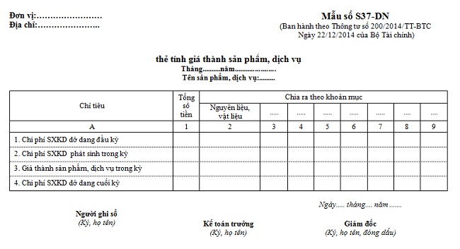 cách lập bảng tính giá thành sản phẩm